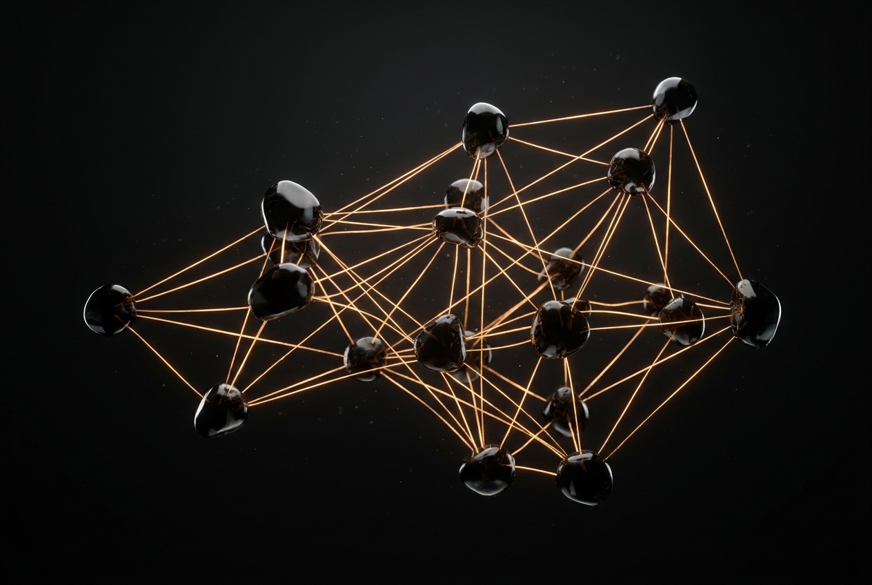 Neural lattice of obsidian nodes and amber threads