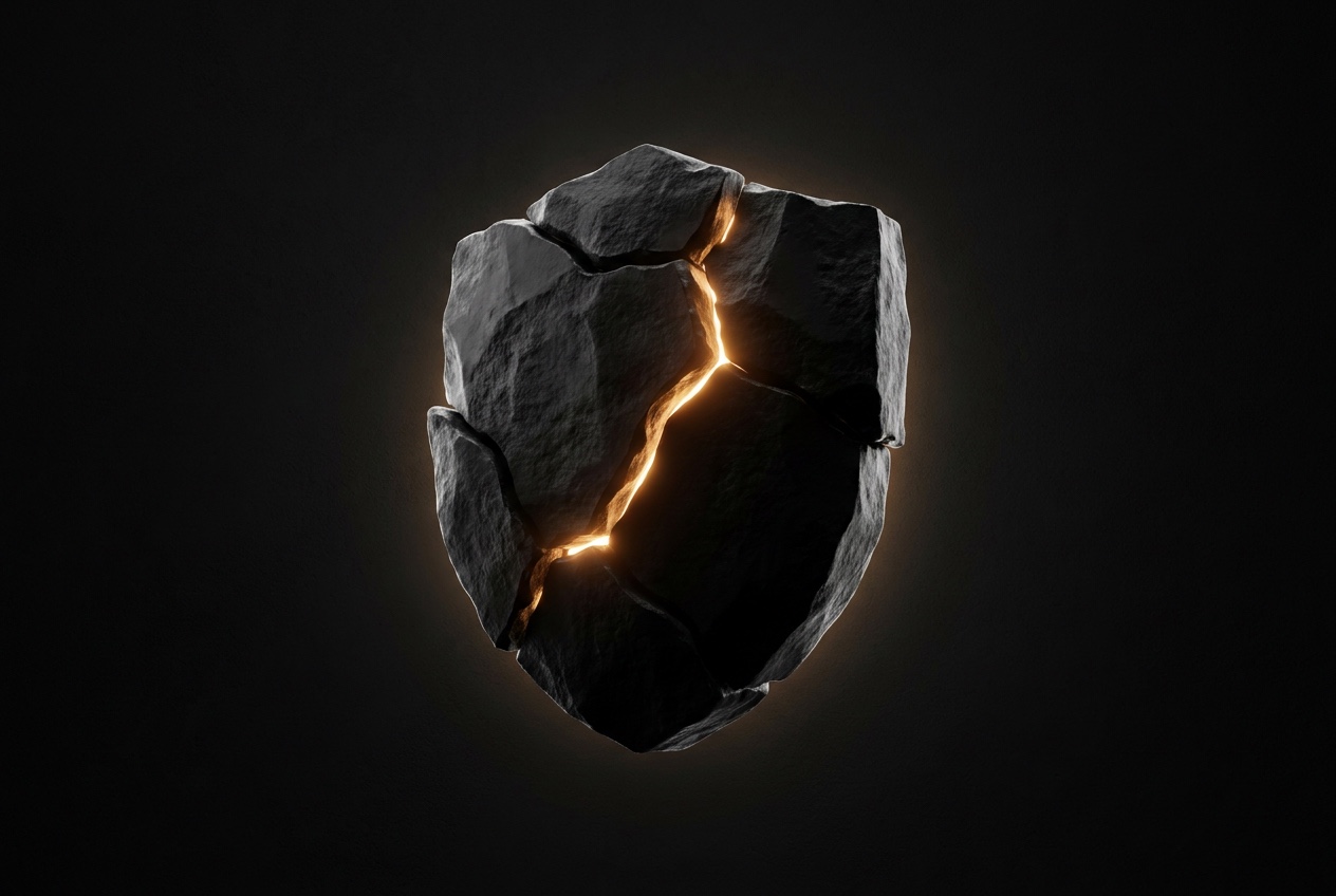 Layered obsidian vault shield with an amber seam